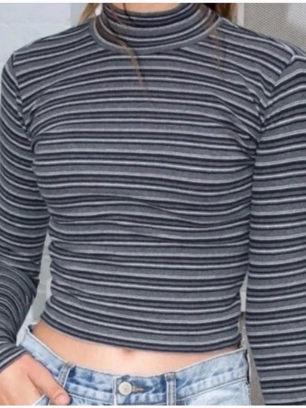Brandy Melville Daniella Gray Striped Turtleneck Long Sleeve 90s Y2K Minimalist